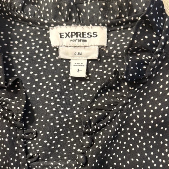 Express Slim Portofino Black Ruffle Collar Polka Dot Blouse Size Large - Picture 2 of 7